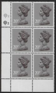 X1014 (UG50) Questa 20p dull purple. perf L(P) Cyld. Q2Q2 U/M (MNH)
