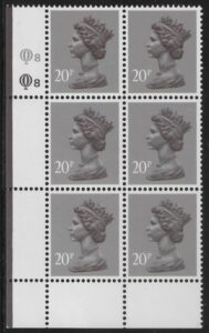 X1014 (UG50) Questa 20p dull purple. perf L(P) Cyld. Q8Q8 U/M (MNH)
