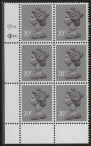 X1014 (UG50) Questa 20p dull purple. perf L(P) Cyld. Q14Q14 U/M (MNH)