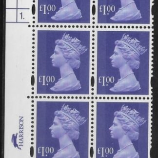 Y1743 (U482) £1 bluish violet. Harrison. PVA bluish. Cyld. 1 dot.  phos.45 U/M (MNH)