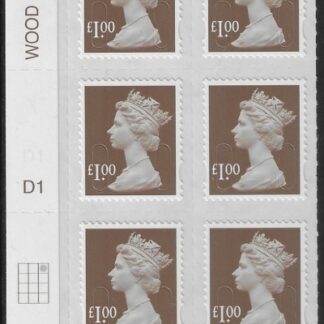 U2934 £1 bistre brown 2B  M15L  cyld. D1  grid position R1 C3   SBP plain DLR  U/M (MNH)