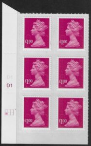 U2933 £1 magenta 2B  M12L  cyld. D1  grid position R2 C1   SBP plain DLR  U/M (MNH)
