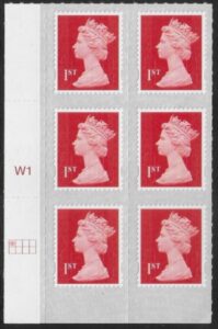 U2998  1st brt scarlet 2B  M18L  SBP  s/L   Cyld. W1  grid position  R1 C1 Walsall  U/M (MNH)