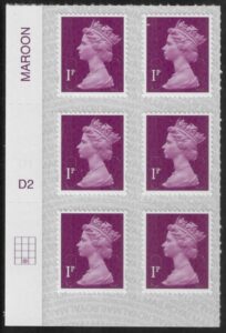 U2920 1p 2B deep crimson M17L cyld. D2 grid position R4 C2 SBP L/s DLR U/M (MNH)