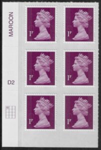 U2920 1p 2B deep crimson M15L cyld. D2 grid position R1 C1 DLR U/M (MNH)