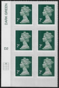 U2921  2p 2B deep green M14L  cyld. D2  grid position R1  C2  DLR  U/M (MNH)