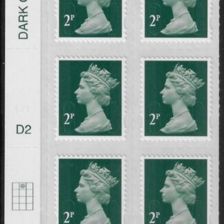U2921  2p 2B deep green M14L  cyld. D2  grid position R1  C2  DLR  U/M (MNH)