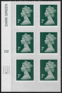 U2921  2p 2B deep green M14L  cyld. D2  grid position R4  C2  DLR  U/M (MNH)