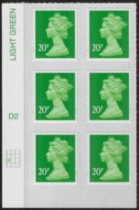 U2924 20p Green M14L Cyld. D2  grid position R3  C1   DLR U/M (MNH)