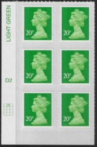 U2924 20p Green MA13 Cyld. D2  grid position R1  C2   DLR U/M (MNH)