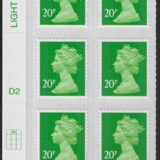 U2924 20p Green MA13 Cyld. D2  grid position R1  C2   DLR U/M (MNH)