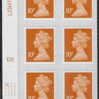 U2923 10p dull orange M12L Cyld D2  grid position R1 C1  DLR U/M (MNH)