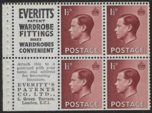 PB5 (8) (SG.459a) booklet pane 'Everitts' perf P U/M (MNH)