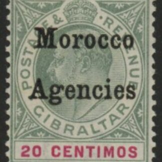 Morocco Agencies -  Gibraltar SG.19  20c grey-green & carmine .  U/M MNH.