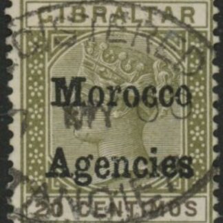 Morocco Agencies -  Gibraltar SG.3  20c  olive green & brown. fine used.