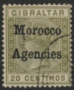Morocco Agencies -  Gibraltar SG.3c  20c  olive green. fine used.