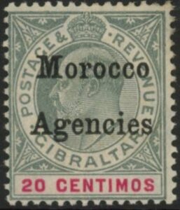 Morocco Agencies - Gibraltar SG.26 20c grey-green & carmine. M/M.