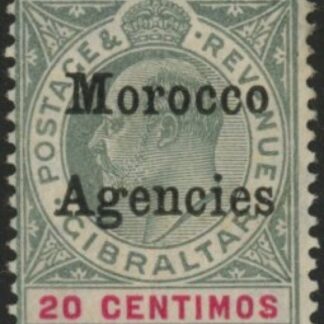 Morocco Agencies -  Gibraltar SG.26  20c  grey-green & carmine. M/M.