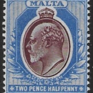 1904-14  Malta  SG.52  2½d maroon & blue Perf.14  multi crown CA  Lightly M/M