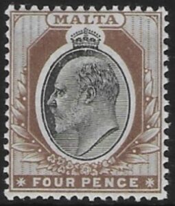 1904-14 Malta SG.54 4d black & brown Perf.14 multi crown CA Lightly M/M