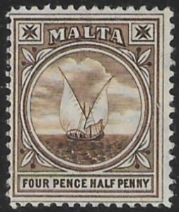 1904-14  Malta  SG.57  4½d brown Perf.14  multi crown CA  Lightly M/M