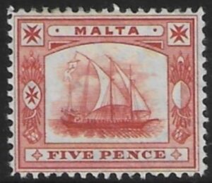 1904-14  Malta  SG.59  5d vermilion Perf.14  multi crown CA   Mounted Mint