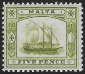1904-14 Malta SG.60 5d ple sage-green Perf.14 multi crown CA Mounted Mint