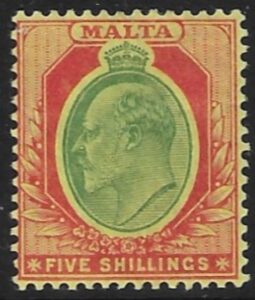1904-14 Malta SG.63 5s green & red/yellow. Perf.14 multi crown CA M/M
