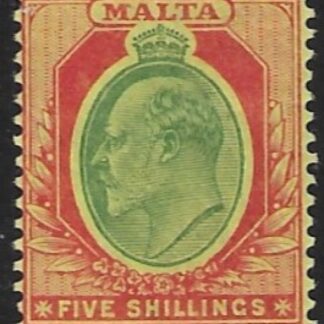 1904-14  Malta  SG.63  5s green & red/yellow.  Perf.14  multi crown CA    M/M