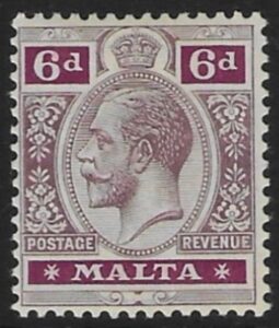 1914-21 Malta SG.80 6d dull & bright purple. Perf.14 multi crown CA M/M