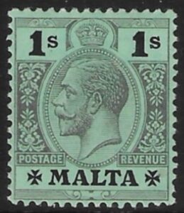 1914-21 Malta SG.81 1s black/green.(white back) Perf.14 multi crown CA M/M