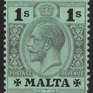 1914-21  Malta  SG.81 1s black/green.(white back)  Perf.14  multi crown CA    M/M