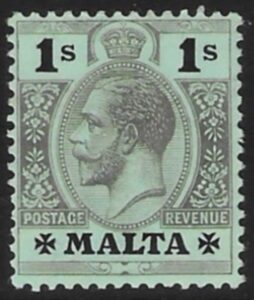 1914-21 Malta SG.81b 1s black/blue-green.(olive back) Perf.14 multi crown CA M/M