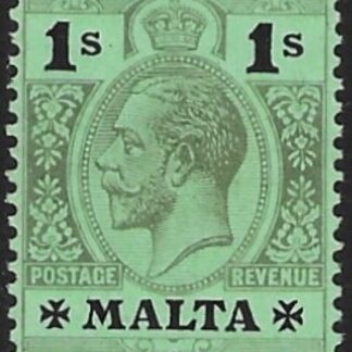 1914-21  Malta  SG.81c 1s on emerald surface.(olive back)  Perf.14  multi crown CA    M/M