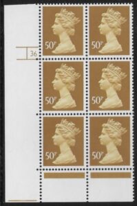 U428 (x993)  Harrison 50p ochre  (FCP) PVAD. cyld.36 no dot    U/M (MNH)