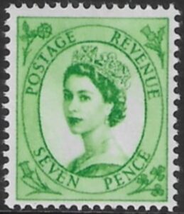 SG.617a   7d bright green  2 bands  (1960 Phosphor crowns wmk.) U/M (MNH)