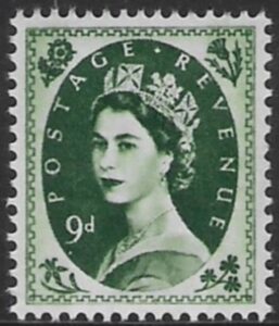 SG.617c   9d bronze green  2 bands  (1960 Phosphor crowns wmk.) U/M (MNH)