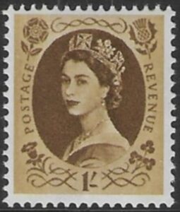 SG.617e   1s bistre brown  2 bands  (1960 Phosphor crowns wmk.) U/M (MNH)