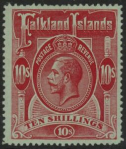 1914 Falkland Islands - SG.68  10/-  red/green. mounted mint.