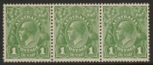 1926 Australia SG.95 & 95b 1d sage green die I & die II. x 2 in strip of 3 perf 13½ x 12½ mounted mint.