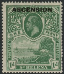 1922 Ascension KGV SG.2 1d green. stamp of St Helena overprinted 'Ascension' . M/M