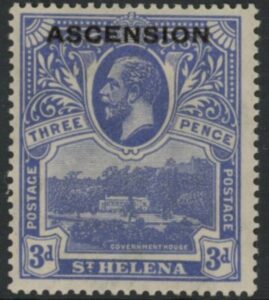 1922 Ascension KGV SG.5 3d Bright Blue Stamp St Helena o/p overprinted 'Ascension' M/M