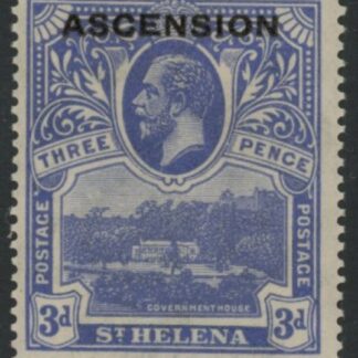 1922 Ascension KGV SG.5 3d Bright Blue Stamp St Helena o/p overprinted 'Ascension'  M/M