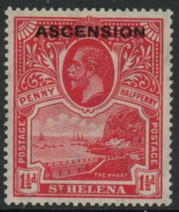 1922 Ascension KGV SG.3 1½d rose scarlet. Stamp overprinted 'Ascension' M/M