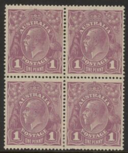 1918 Australia SG.57c 1d violet 'VAR' dot before 1' x1 & broken frame x1 in block of 4. m/m