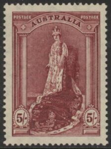 1948 Australia SG.176a 5/- claret 'thin ordinary paper' . U/M (MNH)