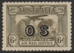 1931 Australia SG.139a 6d sepia 'AIR' overprinted 'OS'. U/M (MNH)