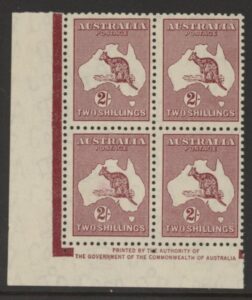 1935 Australia SG.212 2/- maroon block of 4 (mounted in margin only)
