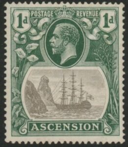 1924 Ascension KGV SG11a 1d grey-black & deep blue-green. 'broken mainmast' lightly mounted mint.