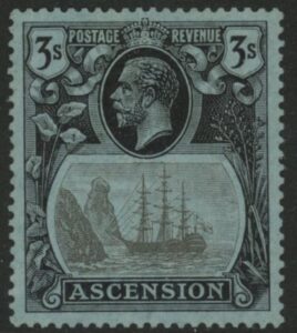 1924 Ascension KGV SG20b 3/- grey-black & black/blue 'torn flag' mounted mint.